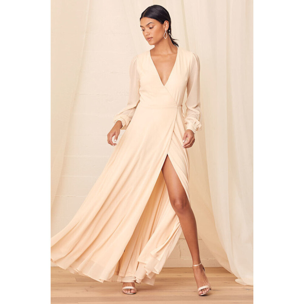 Lulus My Whole Heart Cream Long Sleeve Wrap Maxi Dress Beige - Size L